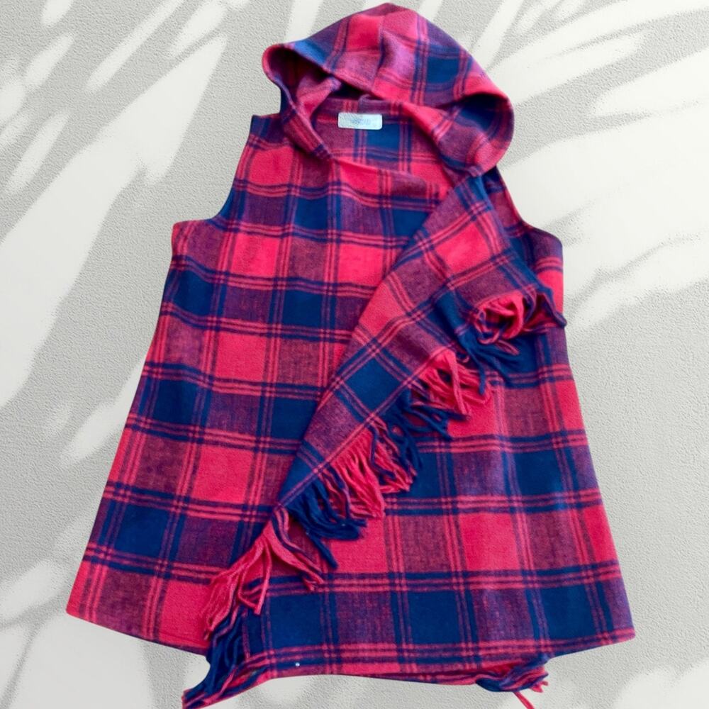 MOD Hooded Poncho Cape Womens Medium Open Front Plaid A-47‎